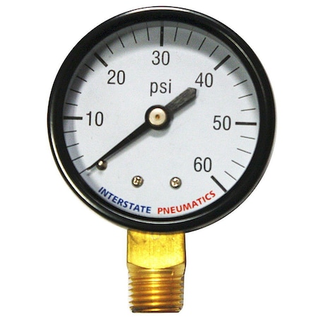 Interstate Pneumatics Pressure Gauge 60 PSI 2 Inch Diameter 1/4 Inch NPT Bottom Mount G2012-060